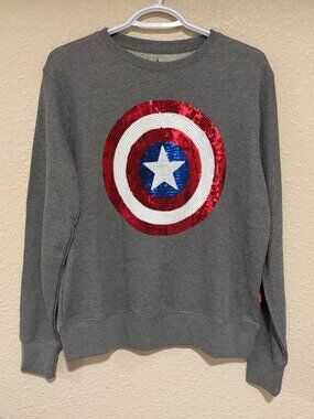 Disney Parks Marvel Captain America Sequin Shield Sweatshirt Size L Gray